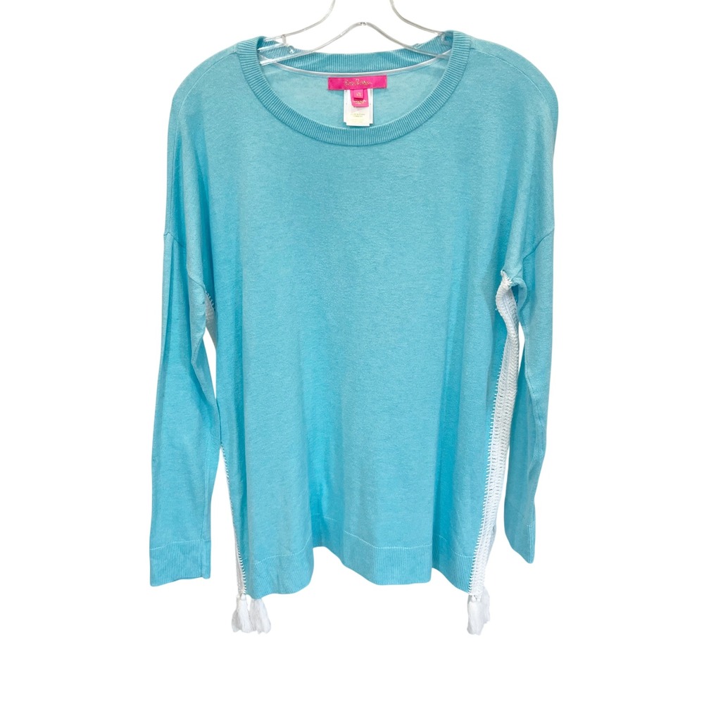 Lilly Pulitzer Damara Sweater Blue Crochet Lace Tassel Size XS 005267 Cotton